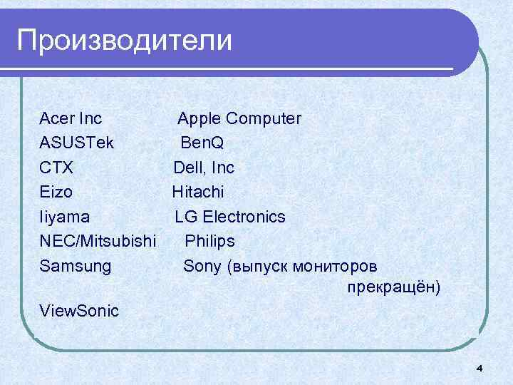 Производители Acer Inc Apple Computer ASUSTek Ben. Q CTX Dell, Inc Eizo Hitachi Iiyama
