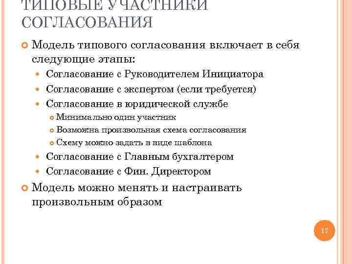 ТИПОВЫЕ УЧАСТНИКИ СОГЛАСОВАНИЯ Модель типового согласования включает в себя следующие этапы: Согласование с Руководителем