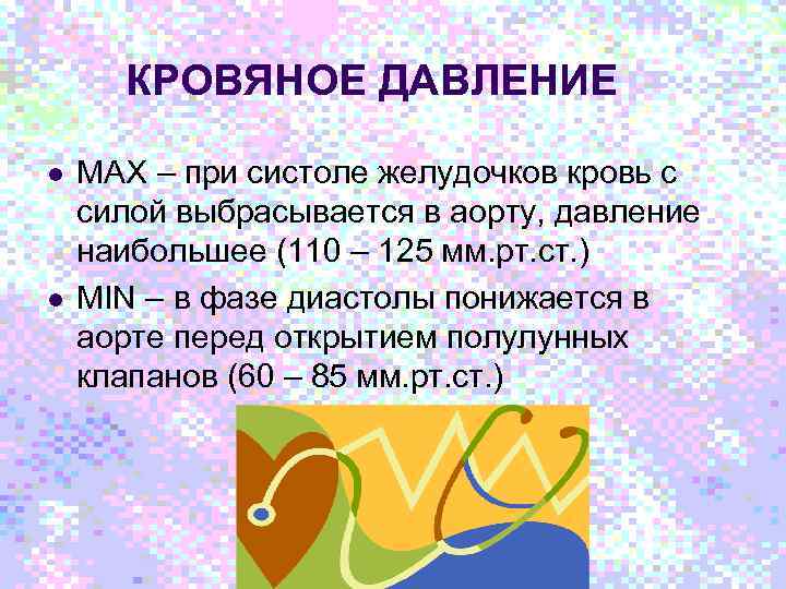 КРОВЯНОЕ ДАВЛЕНИЕ l l MAX – при систоле желудочков кровь с силой выбрасывается в