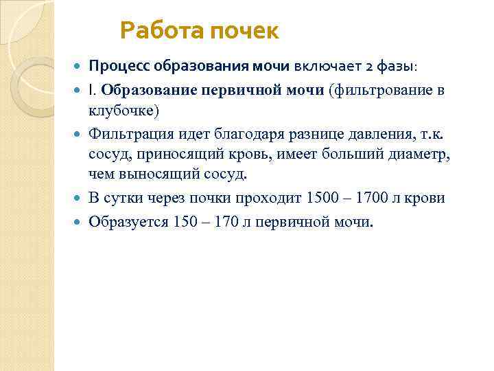 Работа почек Процесс образования мочи включает 2 фазы: I. Образование первичной мочи (фильтрование в