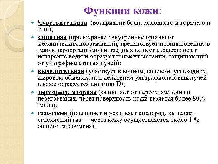 Функции кожи: Чувствительная (восприятие боли, холодного и горячего и т. п. ); защитная (предохраняет