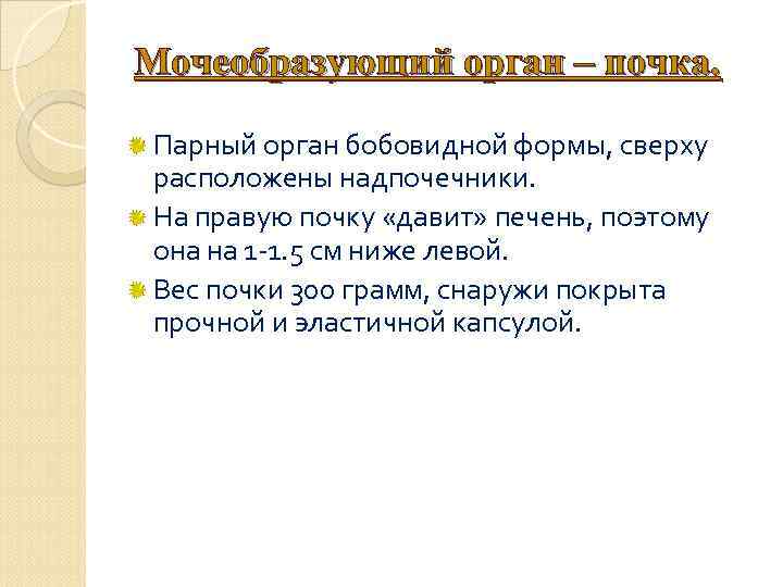 Мочеобразующий орган – почка. Парный орган бобовидной формы, сверху расположены надпочечники. На правую почку