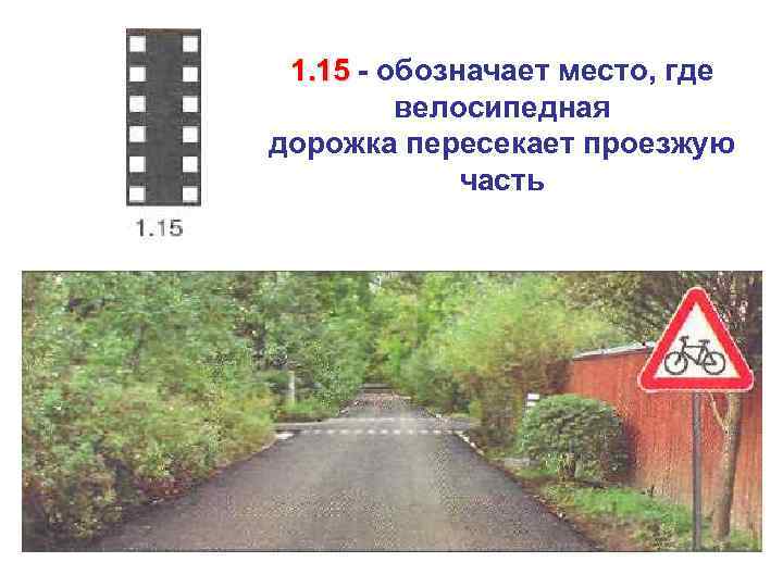 1. 15 - обозначает место, где велосипедная дорожка пересекает проезжую часть 