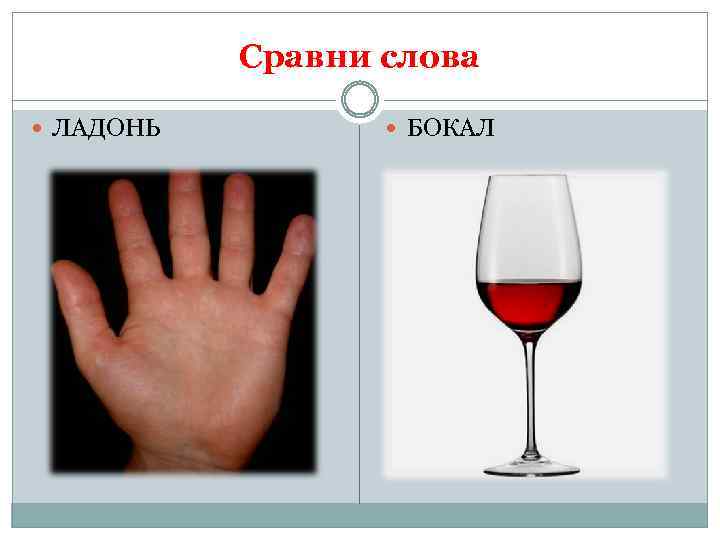 Сравни слова ЛАДОНЬ БОКАЛ 
