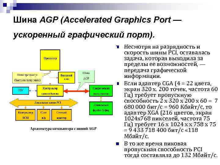 Шина AGP (Accelerated Graphics Port — ускоренный графический порт). n n n Несмотря на