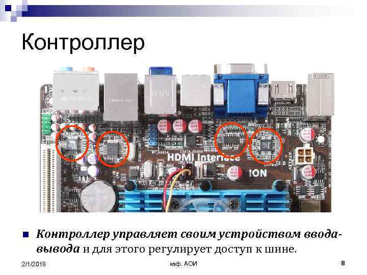 Контроллер n Контроллер управляет своим устройством вводавывода и для этого регулирует доступ к шине.