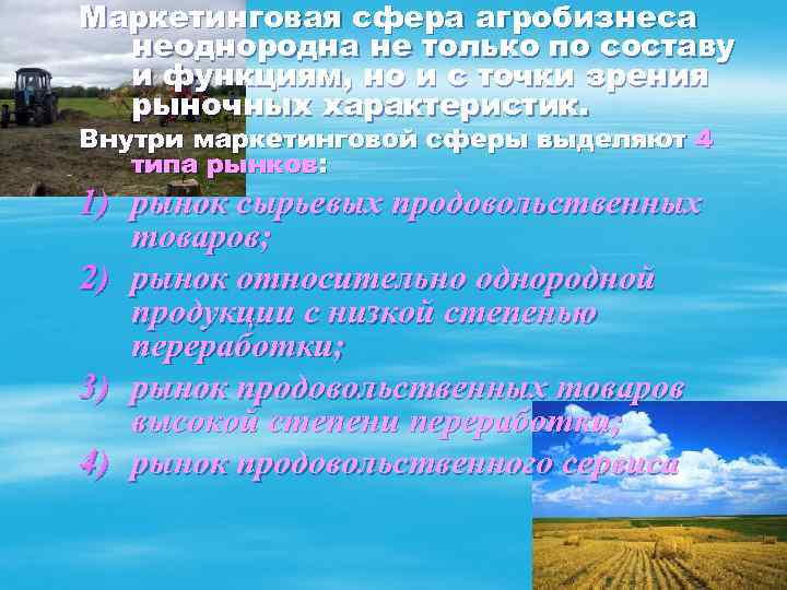 Маркетинговая сфера агробизнеса неоднородна не только по составу и функциям, но и с точки