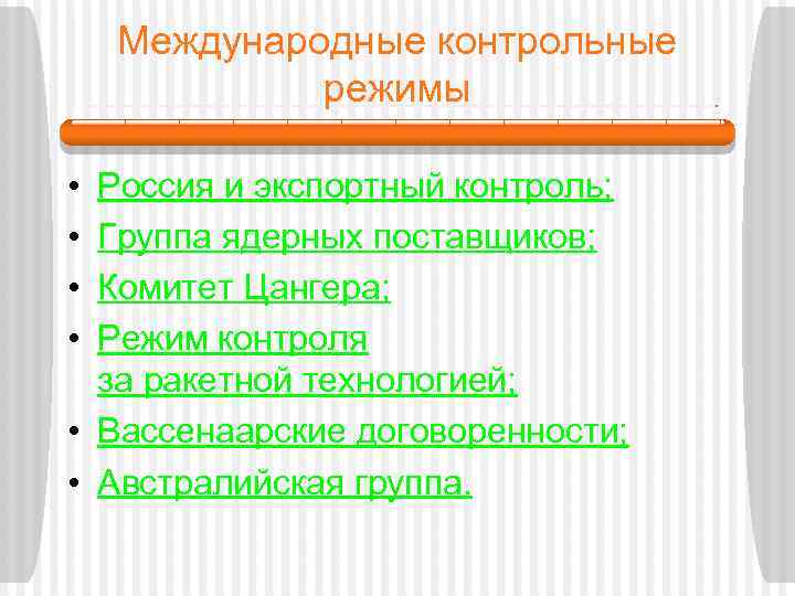 Международные контрольные режимы • • Россия и экспортный контроль; Группа ядерных поставщиков; Комитет Цангера;