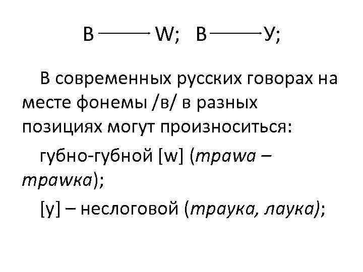 В W; В У; В современных русских говорах на месте фонемы /в/ в разных