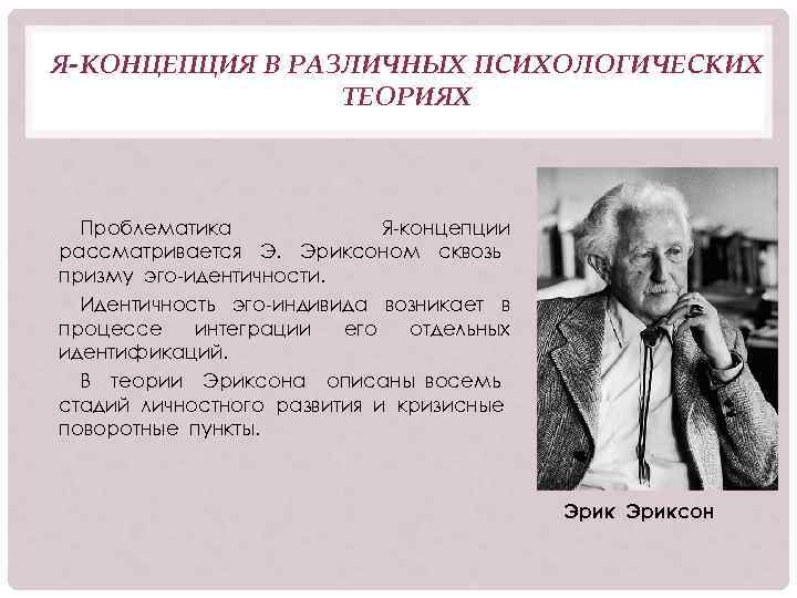 Я-КОНЦЕПЦИЯ В РАЗЛИЧНЫХ ПСИХОЛОГИЧЕСКИХ ТЕОРИЯХ Проблематика Я-концепции рассматривается Э. Эриксоном сквозь призму эго-идентичности. Идентичность