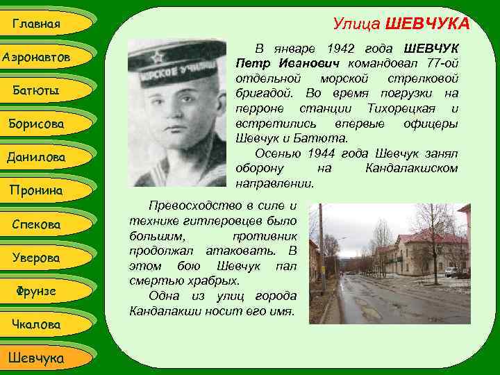 Главная Аэронавтов Батюты Борисова Данилова Пронина Спекова Уверова Фрунзе Чкалова Шевчука Улица ШЕВЧУКА В