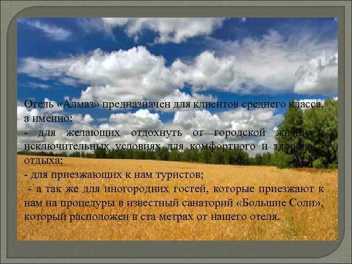 Отель «Алмаз» предназначен для клиентов среднего класса, а именно: - для желающих отдохнуть от