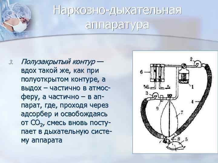 Наркозно-дыхательная аппаратура 3. Полузакрытый контур — вдох такой же, как при полуоткрытом контуре, а