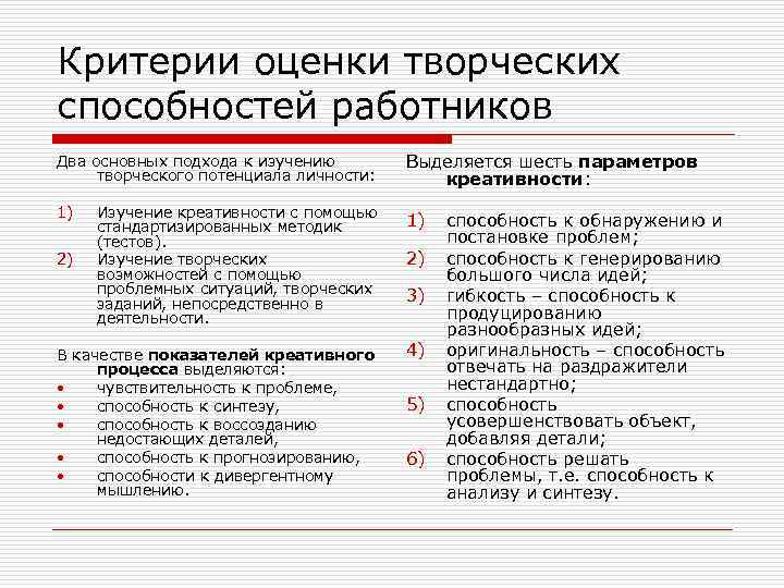 Критерии оценки творческих способностей работников Два основных подхода к изучению творческого потенциала личности: Выделяется