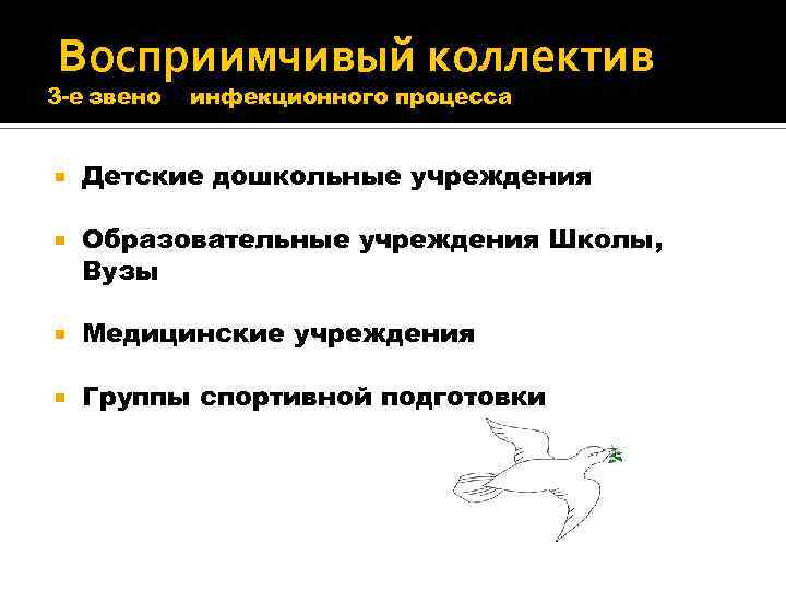 Восприимчивый коллектив 3 -е звено инфекционного процесса Детские дошкольные учреждения Образовательные учреждения Школы, Вузы