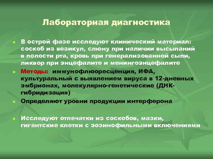 Лабораторная диагностика n n В острой фазе исследуют клинический материал: соскоб из везикул, слюну
