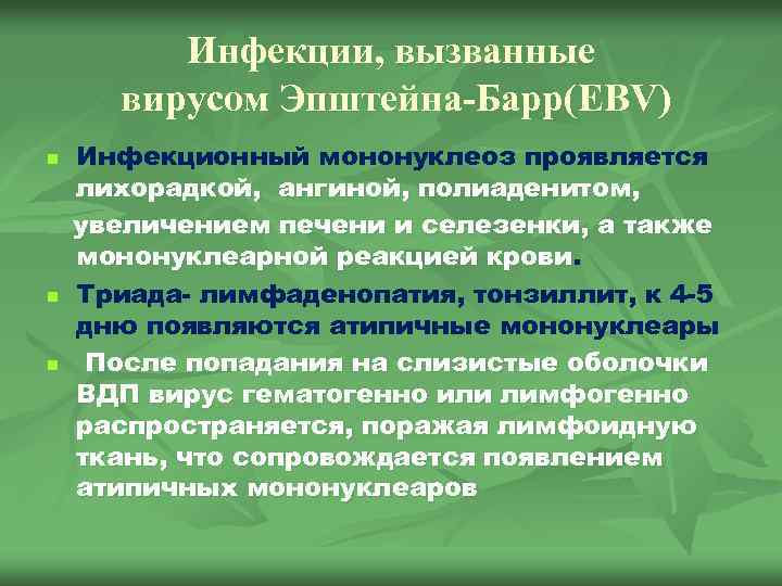 Инфекции, вызванные вирусом Эпштейна-Барр(EBV) n n n Инфекционный мононуклеоз проявляется лихорадкой, ангиной, полиаденитом, увеличением