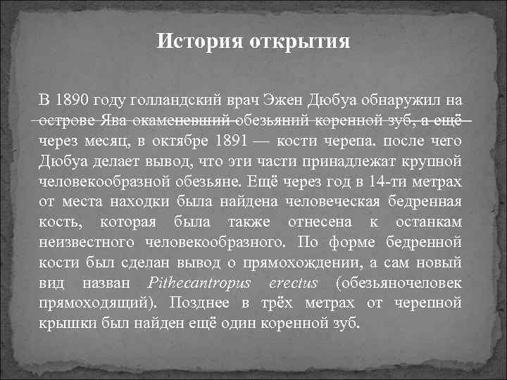 История открытия В 1890 году голландский врач Эжен Дюбуа обнаружил на острове Ява окаменевший