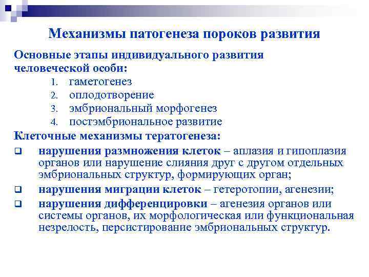  Механизмы патогенеза пороков развития Основные этапы индивидуального развития человеческой особи: 1. гаметогенез 2.