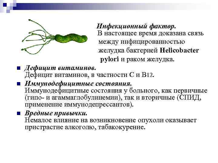 Инфекционный фактор. В настоящее время доказана связь между инфицированностью желудка бактерией Helicobacter pylori и
