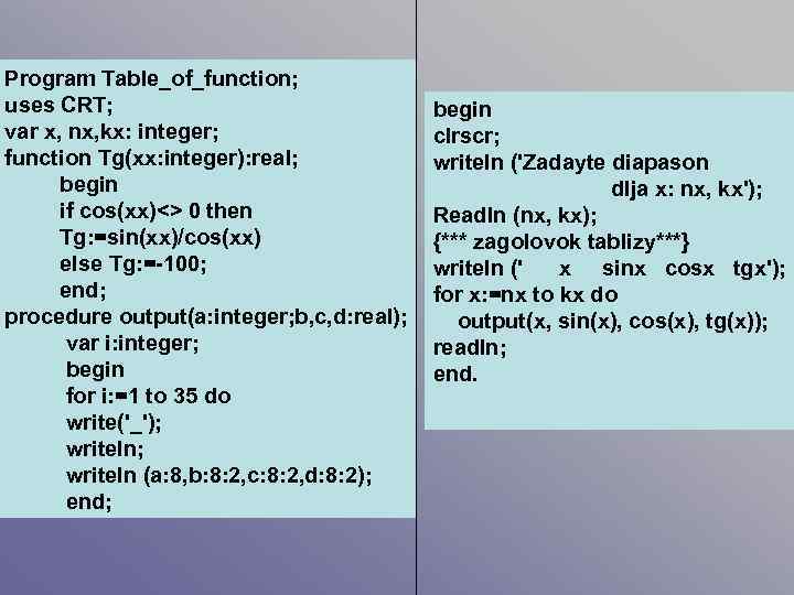 Program Table_of_function; uses CRT; var x, nx, kx: integer; function Tg(xx: integer): real; begin