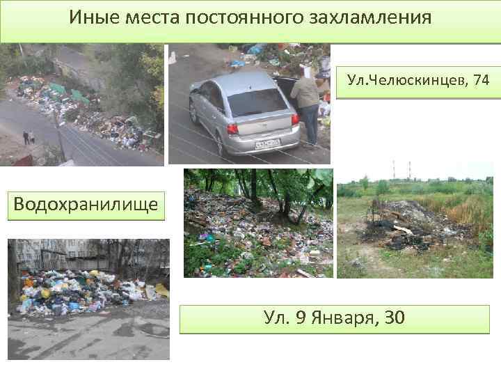 Иные места постоянного захламления Ул. Челюскинцев, 74 Водохранилище Ул. 9 Января, 30 