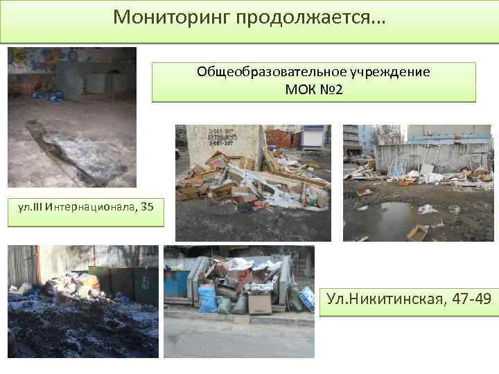 Мониторинг продолжается… Общеобразовательное учреждение МОК № 2 ул. III Интернационала, 35 Ул. Никитинская, 47