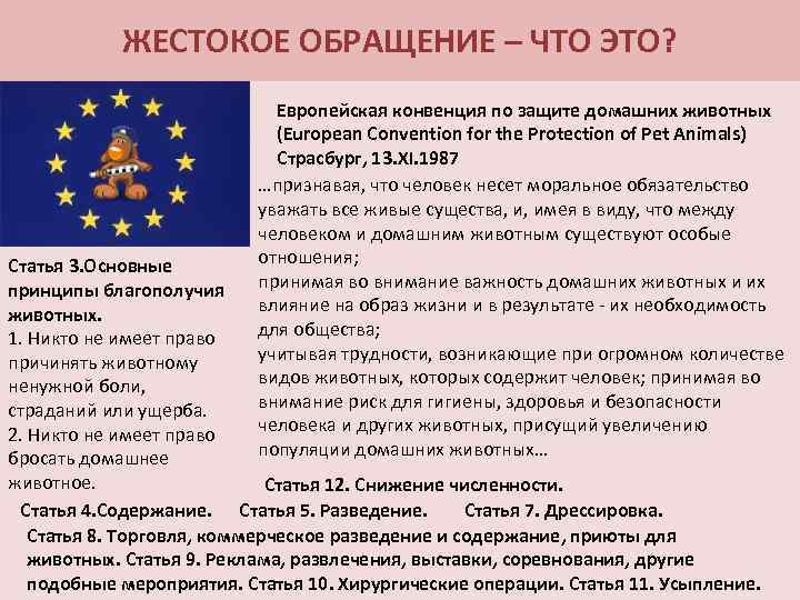 ЖЕСТОКОЕ ОБРАЩЕНИЕ – ЧТО ЭТО? Европейская конвенция по защите домашних животных (European Convention for