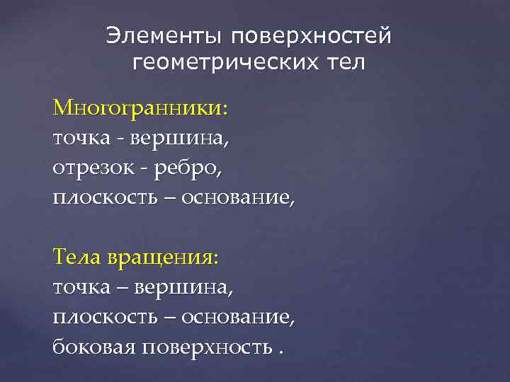 Элементы поверхностей геометрических тел Многогранники: точка - вершина, отрезок - ребро, плоскость – основание,