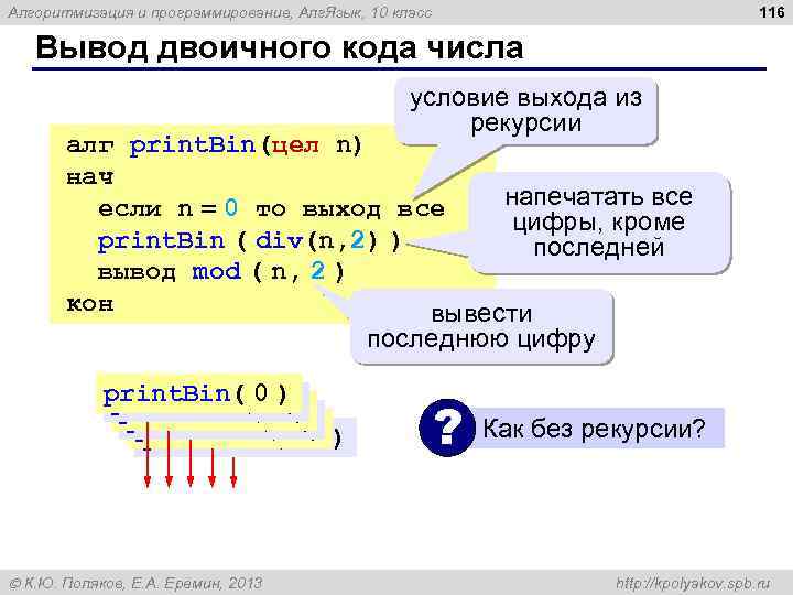 116 Алгоритмизация и программирование, Алг. Язык, 10 класс Вывод двоичного кода числа условие выхода
