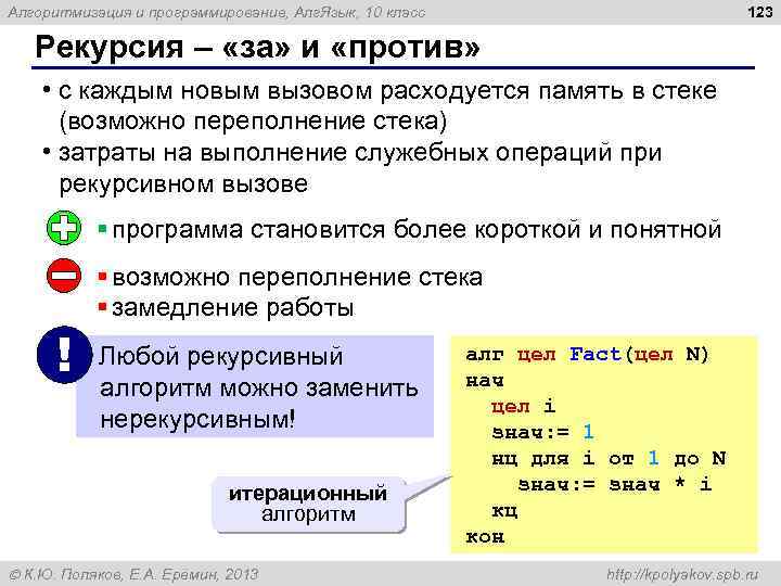 123 Алгоритмизация и программирование, Алг. Язык, 10 класс Рекурсия – «за» и «против» •