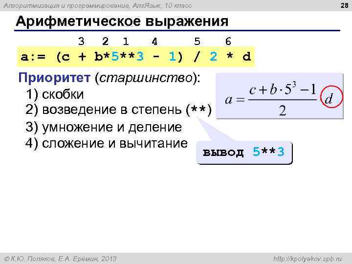 28 Алгоритмизация и программирование, Алг. Язык, 10 класс Арифметическое выражения 3 2 1 4