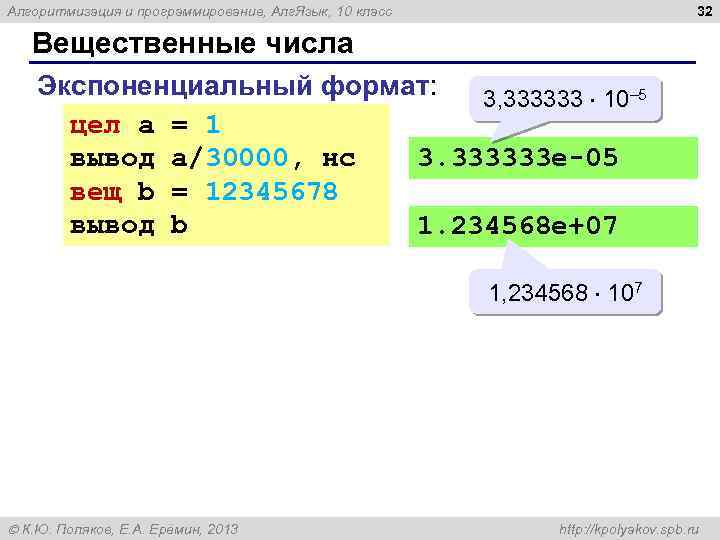 32 Алгоритмизация и программирование, Алг. Язык, 10 класс Вещественные числа Экспоненциальный формат: 3, 333333