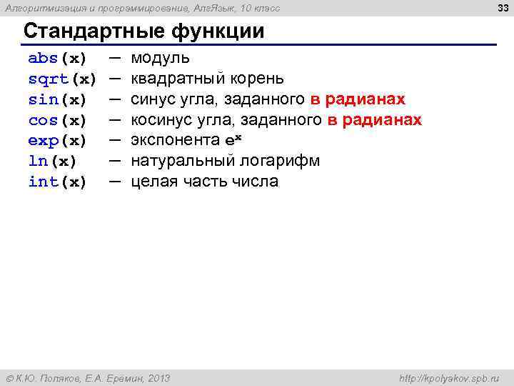 33 Алгоритмизация и программирование, Алг. Язык, 10 класс Стандартные функции abs(x) — модуль sqrt(x)