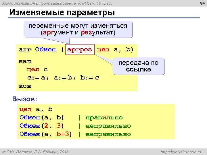 94 Алгоритмизация и программирование, Алг. Язык, 10 класс Изменяемые параметры переменные могут изменяться (аргумент