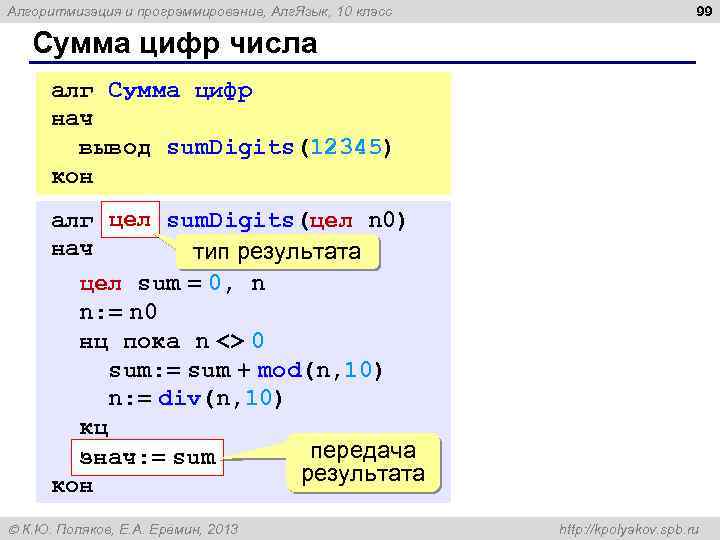 Алгоритмизация и программирование, Алг. Язык, 10 класс 99 Сумма цифр числа алг Сумма цифр