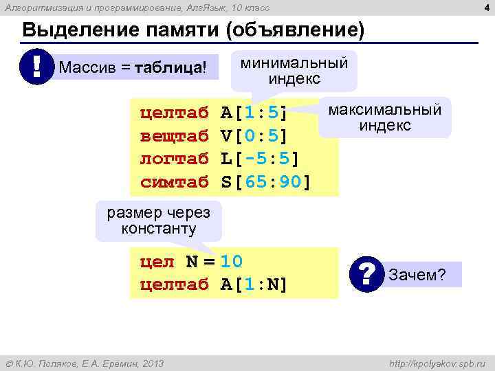 4 Алгоритмизация и программирование, Алг. Язык, 10 класс Выделение памяти (объявление) ! Массив =