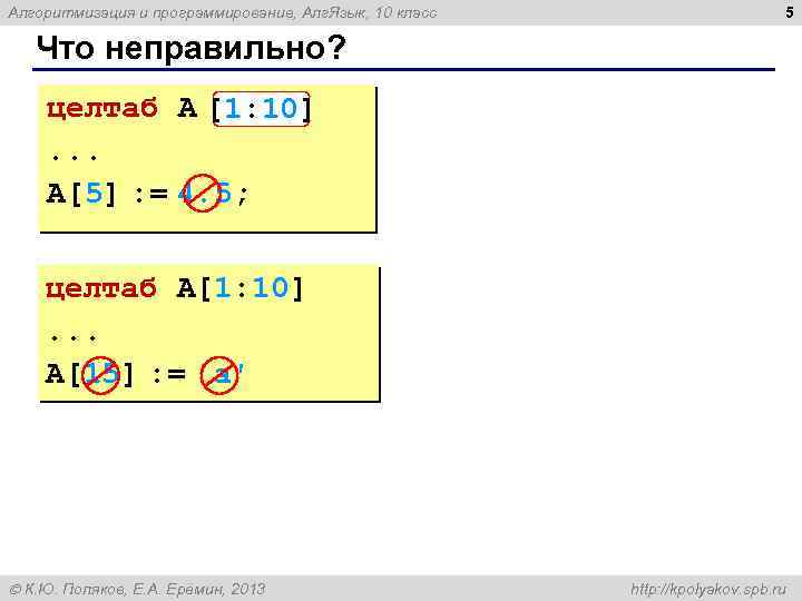 Алгоритмизация и программирование, Алг. Язык, 10 класс 5 Что неправильно? целтаб A [10: 1]