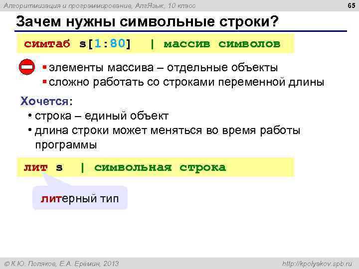 65 Алгоритмизация и программирование, Алг. Язык, 10 класс Зачем нужны символьные строки? симтаб s[1: