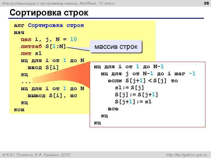 98 Алгоритмизация и программирование, Алг. Язык, 10 класс Сортировка строк алг Сортировка строк нач