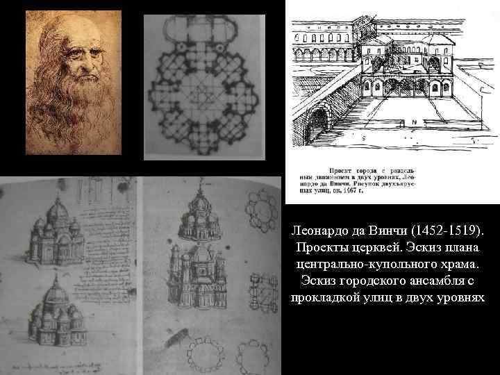 Леонардо да Винчи (1452 -1519). Проекты церквей. Эскиз плана центрально-купольного храма. Эскиз городского ансамбля