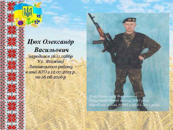 Цюх Олександр Васильович народився 16. 11. 1986 р У с. Якимівці Лановецького району в