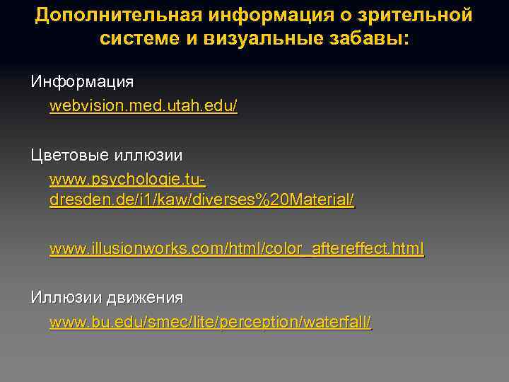 Дополнительная информация о зрительной системе и визуальные забавы: Информация webvision. med. utah. edu/ Цветовые