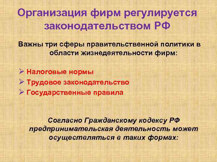 Организация фирм регулируется законодательством РФ Важны три сферы правительственной политики в области жизнедеятельности фирм: