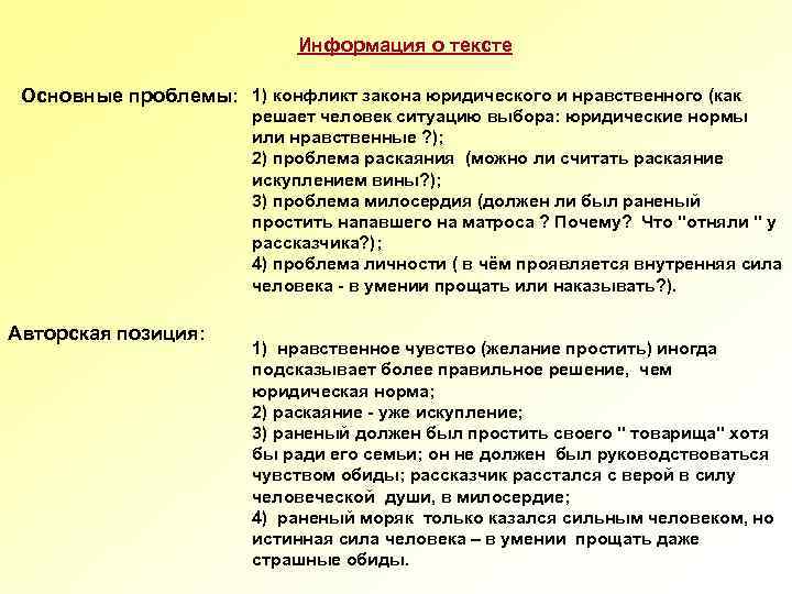 Информация о тексте Основные проблемы: 1) конфликт закона юридического и нравственного (как решает человек