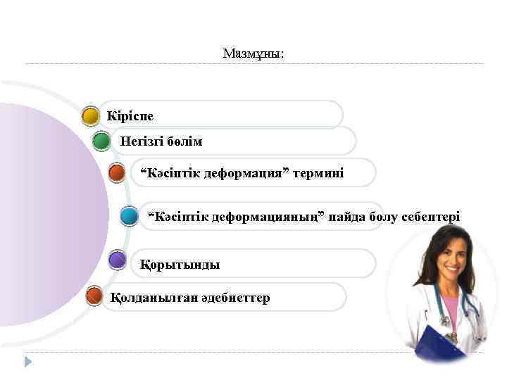 Мазмұны: Кіріспе Негізгі бөлім “Кәсіптік деформация” термині “Кәсіптік деформацияның” пайда болу себептері Қорытынды Қолданылған