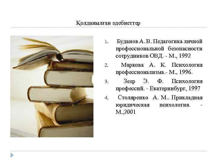 Қолданылған әдебиеттер 1. 2. 3. 4. Буданов А. В. Педагогика личной профессиональной безопасности сотрудников