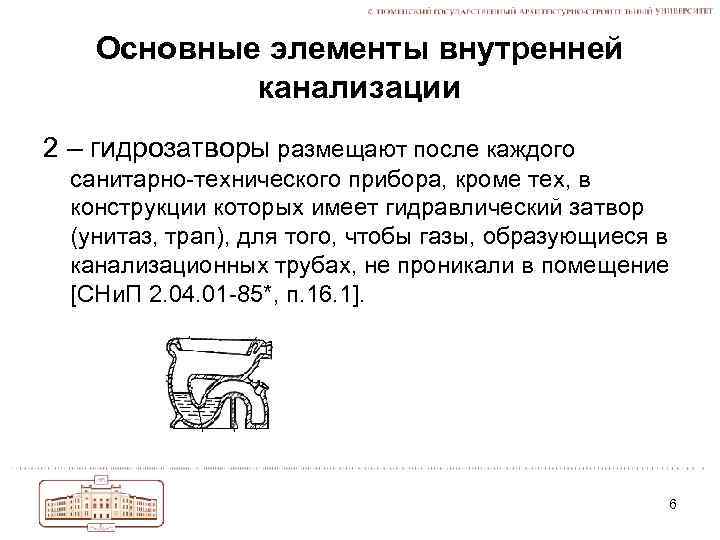 Основные элементы внутренней канализации 2 – гидрозатворы размещают после каждого санитарно-технического прибора, кроме тех,