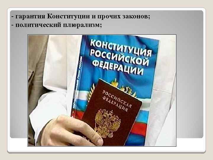 - гарантия Конституции и прочих законов; - политический плюрализм; 