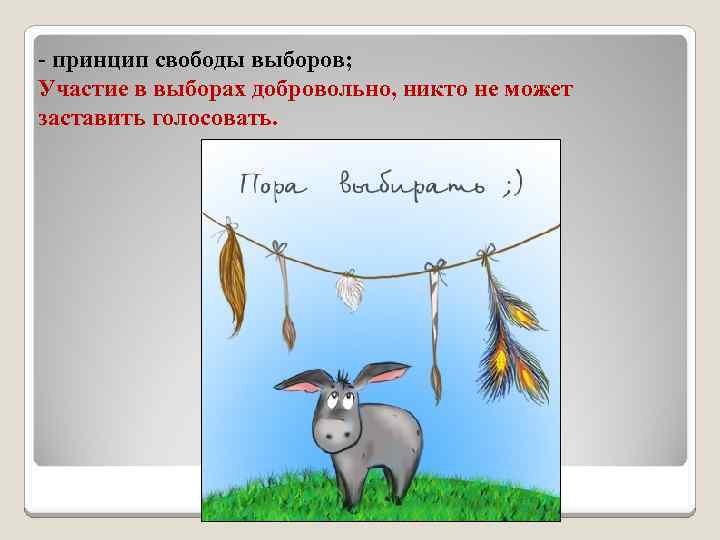 - принцип свободы выборов; Участие в выборах добровольно, никто не может заставить голосовать. 